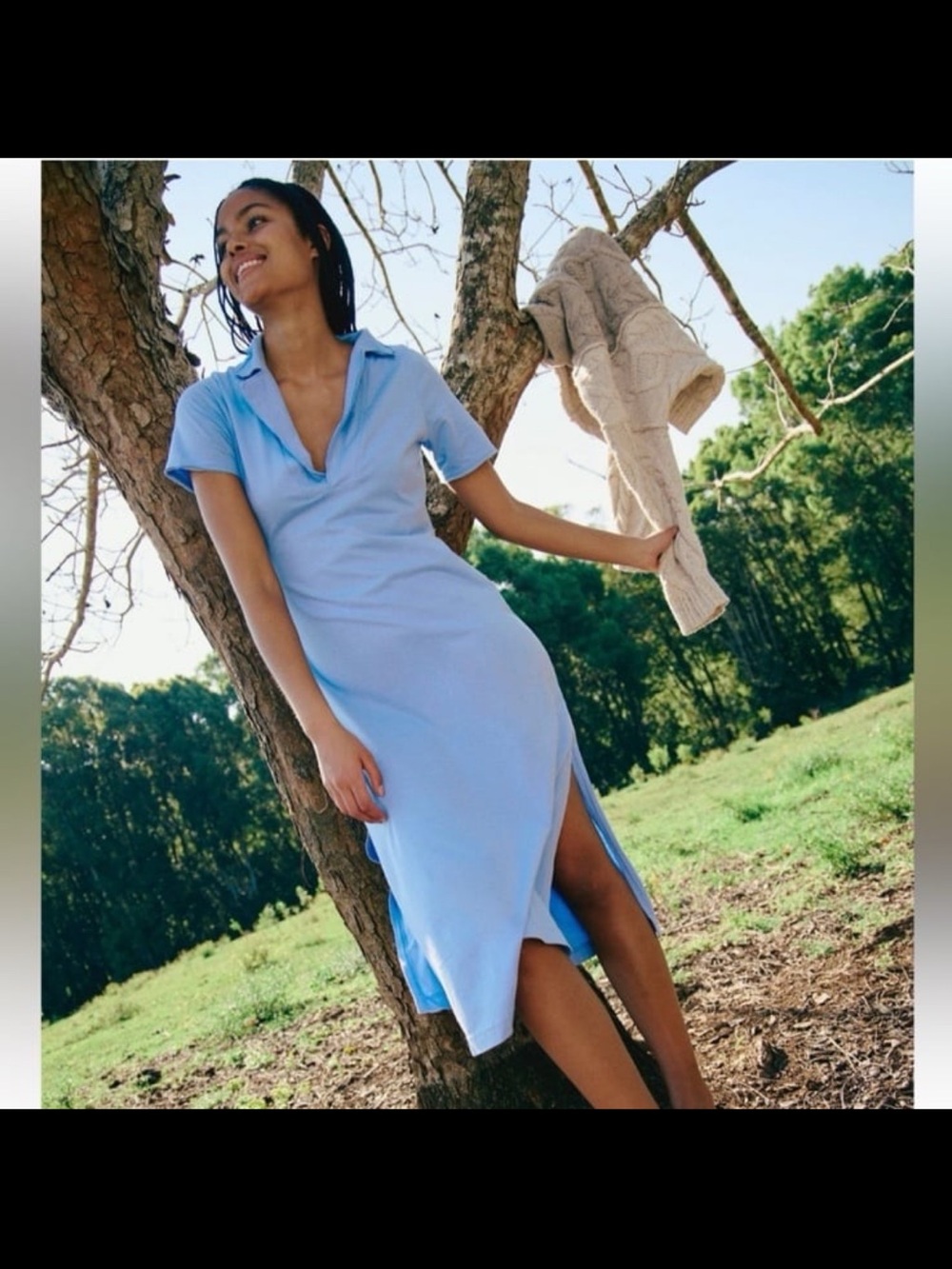 Free People Sky Blue Polo-Collar Midi Dress with Side Slit